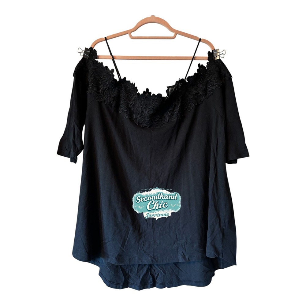 Denim‎ 24/7 Womens Black Lace Trim Cold Shoulder Top Short Sleeve Plus Size 1X